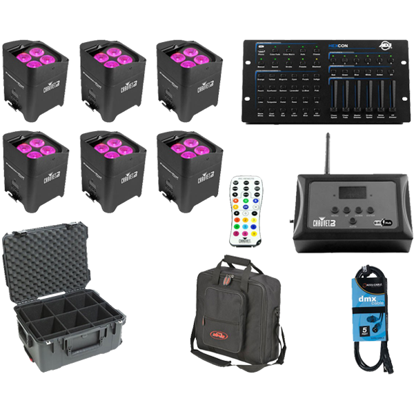 6x Chauvet Freedom Par Hex-4 + D-Fi Hub + Controller + Case + Bag + Cable |  DJ Packages | Chicago DJ Lights | Wireless Case & Bag